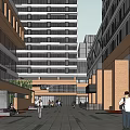 Modern Urban Entrance With Brick Archway High-rise Buildings And Pedestrians Around