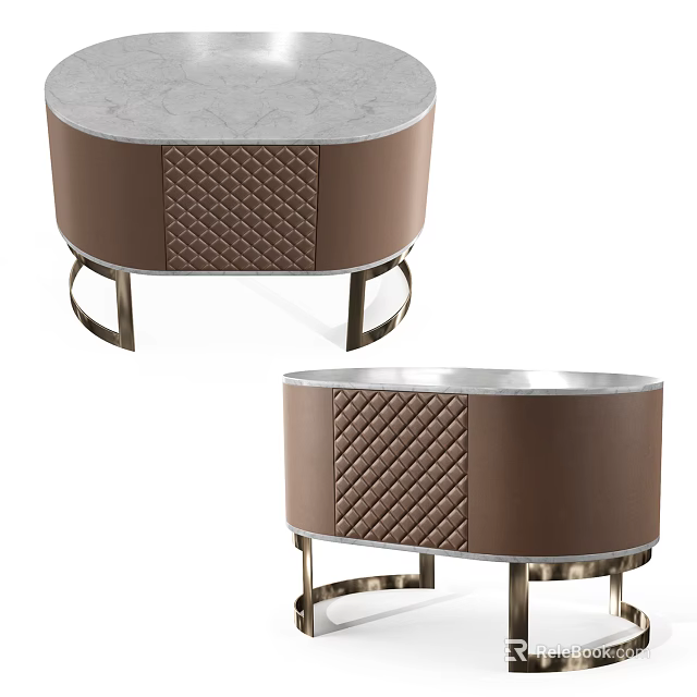 Modern Bedside Tables With Brown Quilted Design Marble Top And Metal Legs 3d model 