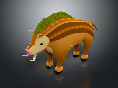 Cartoon Style 3D Boar Model With Brown Body Green Mane And White Tusks 3d model