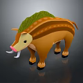 Cartoon Style 3D Boar Model With Brown Body Green Mane And White Tusks