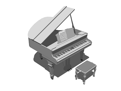 Elegant Grand Piano Instrument With Open Lid Music Sheet And Wooden Stool 3d model