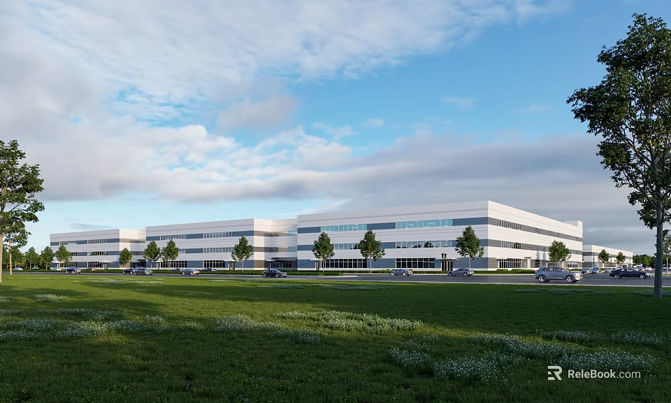 Modern Industrial Factory Exterior With Green Lawn Trees Parking Lot Vehicles And Blue Sky Clouds 3d model 