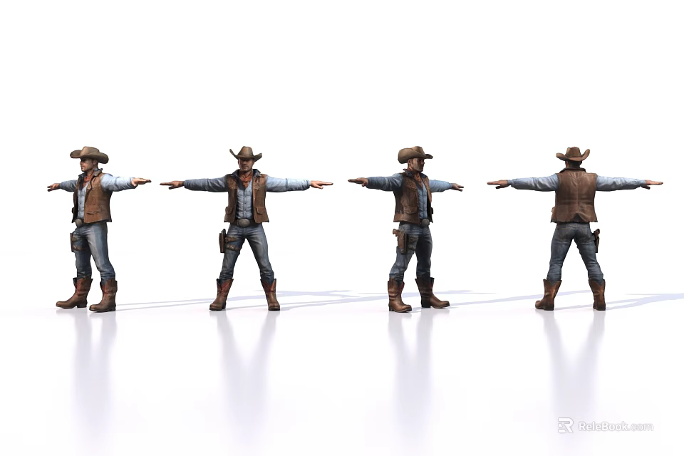 Four Men in Cowboy Outfits with Hats Arms Outstretched 3D Models on White Reflective Floor 3d model 