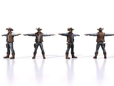Four Men in Cowboy Outfits with Hats Arms Outstretched 3D Models on White Reflective Floor 3d model