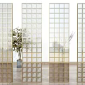 Glass Partition Wall with Gold Frame Grid Design and Transparent Glass in Living Room Potted Plant