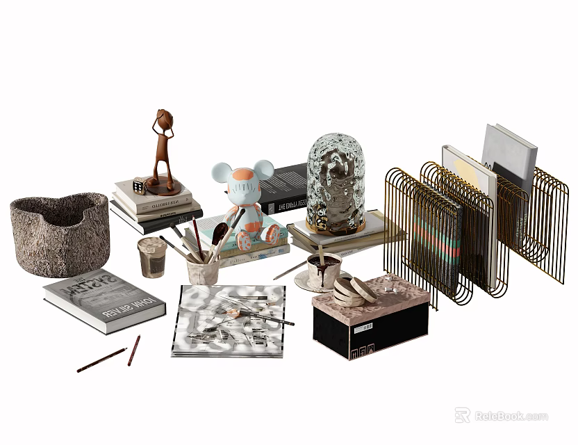 Stylish Decorative Ornament Set With Sculpture Glass Vase Photo Frame Books And Decorative Box 3d model 