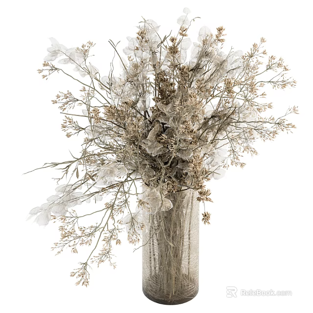 Dried Flower Bouquet In Woven Vase With White And Light Brown Branches Leaves 3d model 