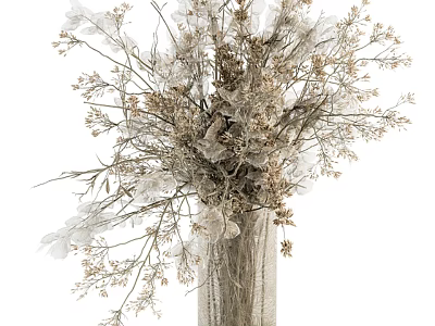 Dried Flower Bouquet In Woven Vase With White And Light Brown Branches Leaves 3d model