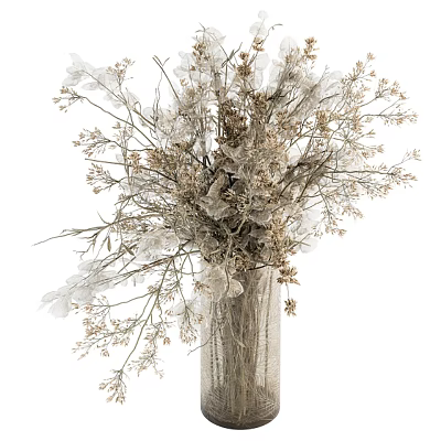 Dried Flower Bouquet In Woven Vase With White And Light Brown Branches Leaves 3d model