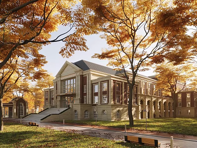 Traditional School Building Exterior With Golden Autumn Trees Lawn And Stone Steps 3d model
