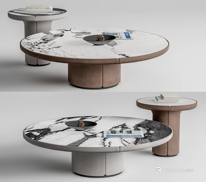 Modern Round Coffee Table With Marble Surface And Brown Base Featuring Magazine And Decorative Items 3d model
