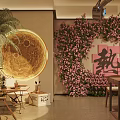 Mall Shop Interior Design With Golden Circular Decor Pink Flower Wall And Green Plants