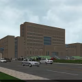 Modern Office Building With Brown Exterior Large Windows Road Cars Greenery And Trees