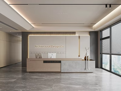 Modern Light Luxury Office Reception Desk With Elegant Marble And Wood Interior Decoration 3d model