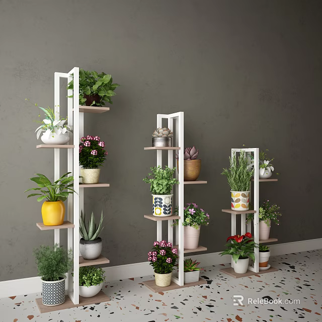 Indoor Garden With White Multi Tiered Plant Stands Potted Green Plants And Colorful Flower Pots 3d model 