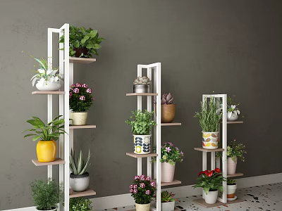 Indoor Garden With White Multi Tiered Plant Stands Potted Green Plants And Colorful Flower Pots 3d model