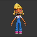 Cartoon Game Movie Character With Blonde Curly Hair Orange Skin Blue Overalls And Pink Shoes