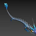 Blue and White Mythical Dragon with Scaled Body Blue Horns and Tail