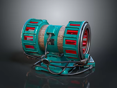 Teal Mechanical Device With Red Sections And Metal Mesh Industrial Structure 3d model