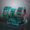 Teal Mechanical Device With Red Sections And Metal Mesh Industrial Structure