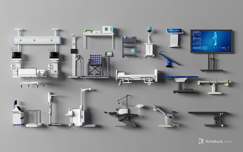 Diverse Medical Equipment Collection Featuring Surgical Beds Monitors Stretchers And Dental Chairs 3d model 