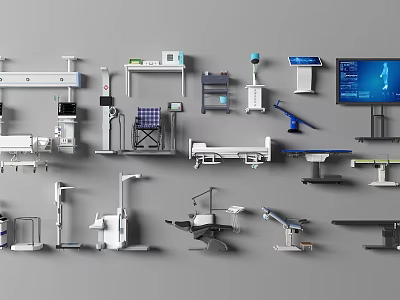 Diverse Medical Equipment Collection Featuring Surgical Beds Monitors Stretchers And Dental Chairs 3d model