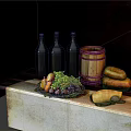 Rustic Table Display with Grapes Pears Fresh Bread Cheese Wooden Barrel and Bottles 3d model