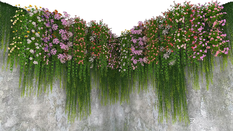 Colorful Flowers And Green Plants Growing On Stone Wall With Hanging Vines 3d model 