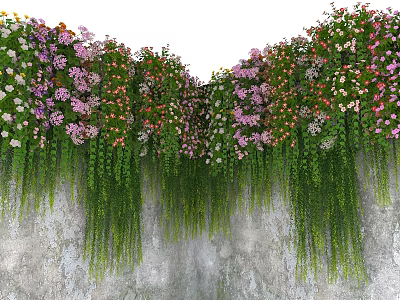 Colorful Flowers And Green Plants Growing On Stone Wall With Hanging Vines 3d model