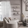 Modern Elegant Living Room Interior With Curved Sofa White Ball Chandelier Fireplace And Large Window