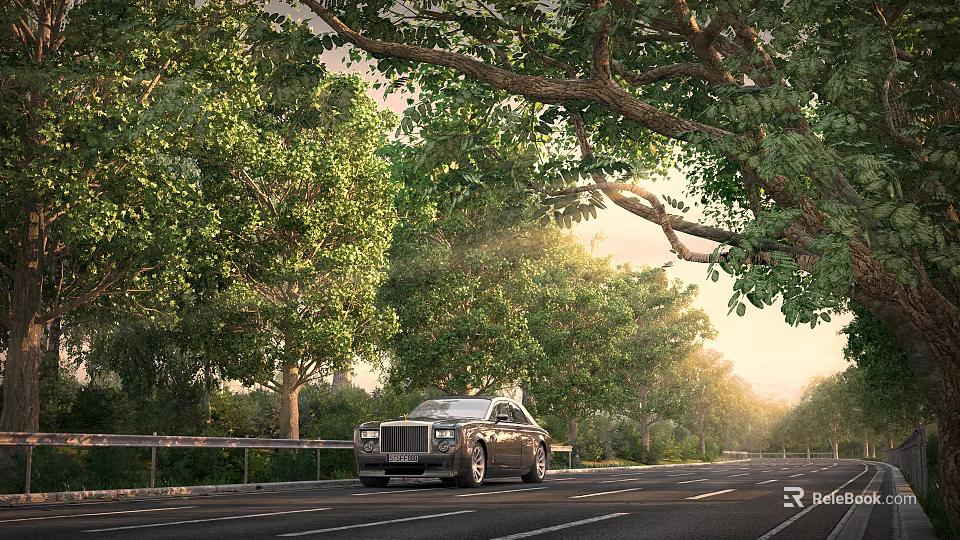 Scenic Urban Road Facilities With Lush Green Trees Metal Guardrails And Driving Luxury Car 3d model 