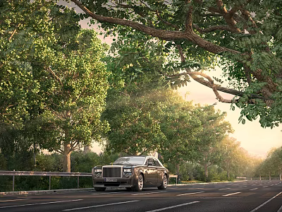 Scenic Urban Road Facilities With Lush Green Trees Metal Guardrails And Driving Luxury Car 3d model