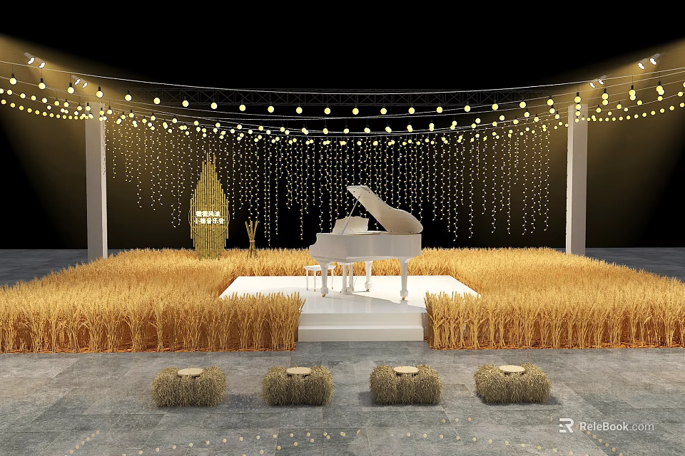 Rustic Outdoor Stage With White Piano Straw Decorations String Lights And Hay Bale Seats 3d model 