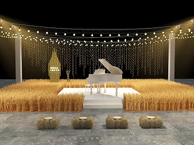 Rustic Outdoor Stage With White Piano Straw Decorations String Lights And Hay Bale Seats 3d model