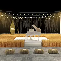Rustic Outdoor Stage With White Piano Straw Decorations String Lights And Hay Bale Seats