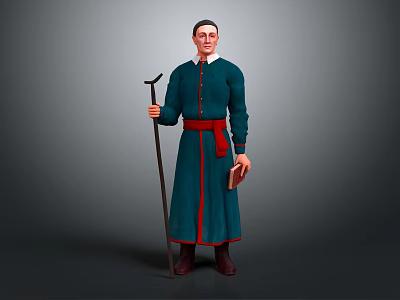 Game Movie Character in Blue Robe with Red Belt Holding Staff and Book 3d model