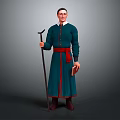 Game Movie Character in Blue Robe with Red Belt Holding Staff and Book