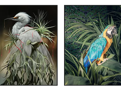 Artistic Animal Paintings with White Egret and Colorful Parrot in Green Foliage 3d model