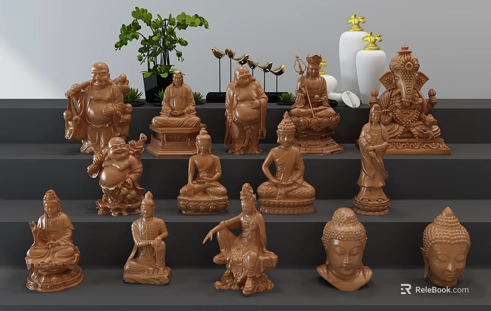 Collection of Handcrafted Wooden Buddha Sculptures With Diverse Poses and Religious Figures 3d model 