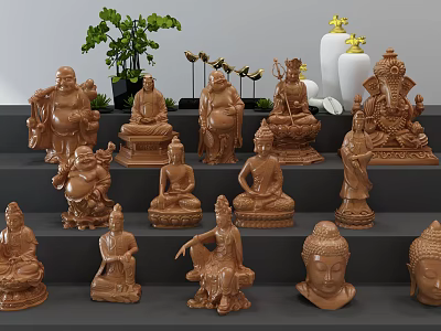 Collection of Handcrafted Wooden Buddha Sculptures With Diverse Poses and Religious Figures 3d model