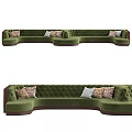 Green Velvet Sectional Sofa With Wooden Armrests And Tufted Design Throw Pillows