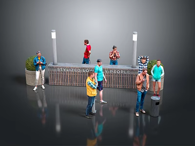 People Standing at Station Square with Lamp Posts and Planters 3d model