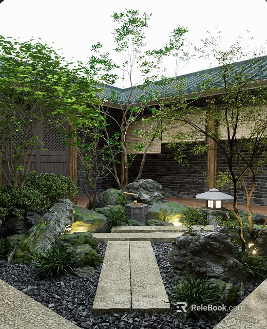 Traditional Chinese Garden Landscape With Green Tiled Roof Wooden Structures Rock Formations And Stone Lantern 3d model 