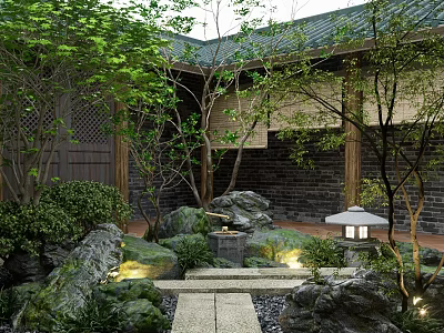 Traditional Chinese Garden Landscape With Green Tiled Roof Wooden Structures Rock Formations And Stone Lantern 3d model