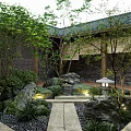 Traditional Chinese Garden Landscape With Green Tiled Roof Wooden Structures Rock Formations And Stone Lantern