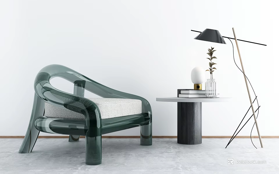 Modern Green Transparent Single Sofa With Light Cushion Round Table Plant And Floor Lamp 3d model 