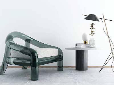 Modern Green Transparent Single Sofa With Light Cushion Round Table Plant And Floor Lamp 3d model