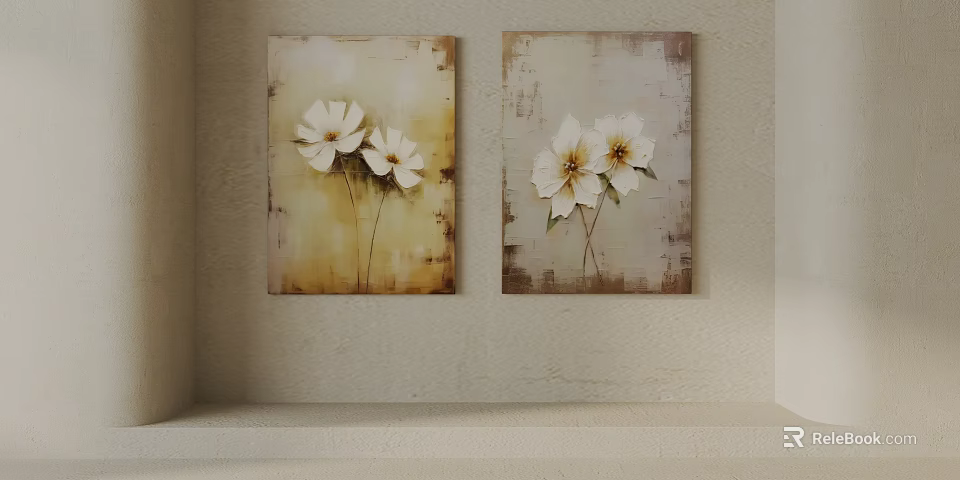 Vintage Floral Paintings with White Flowers on Textured Background Hanging on Wall 3d model 