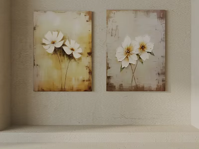 Vintage Floral Paintings with White Flowers on Textured Background Hanging on Wall 3d model