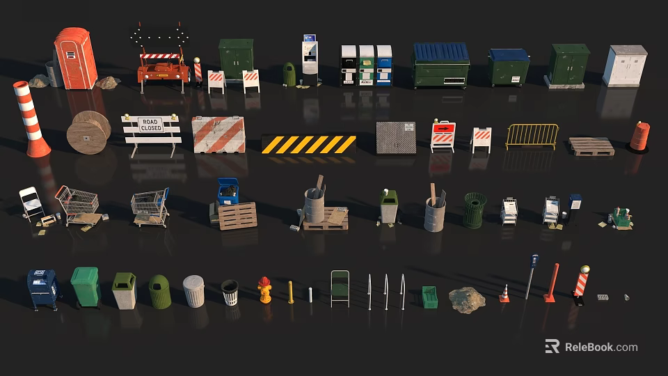 Road Construction Site Components With Barriers Trash Bins Trolleys Warning Signs And Traffic Cones 3d model 